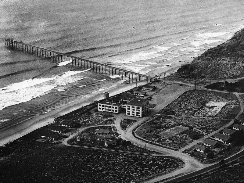aerial view in black and white of the original Scripps Pier and scripps institute of oceanography 