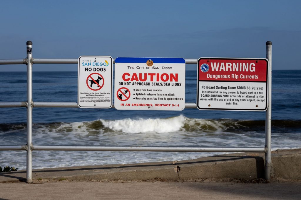 safety and caution signs posted at point La Jolla warning visitors of no dogs, rip currents, and not approaching seals