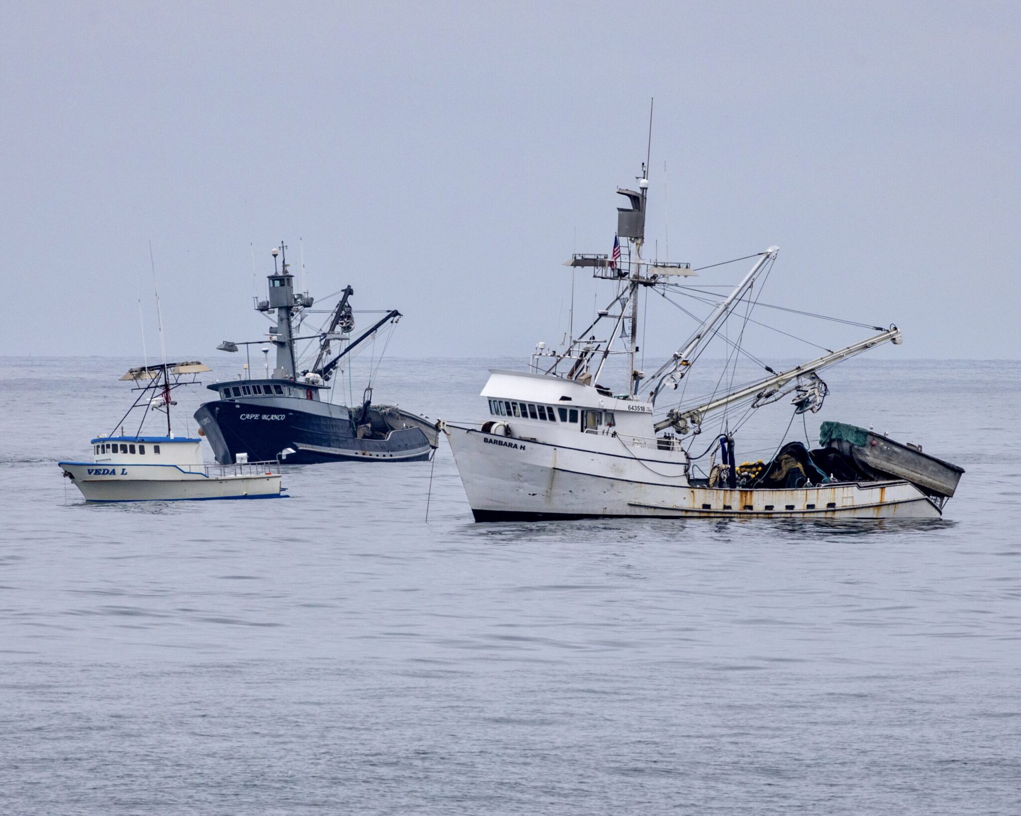 three commercial fishing boats fishing in La Jolla on a cloudy day in calm waters