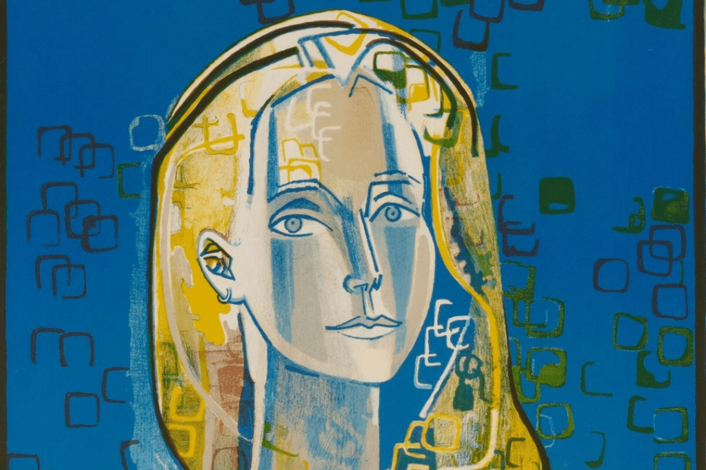painting of woman from artist Francois pilot using blues and yellows