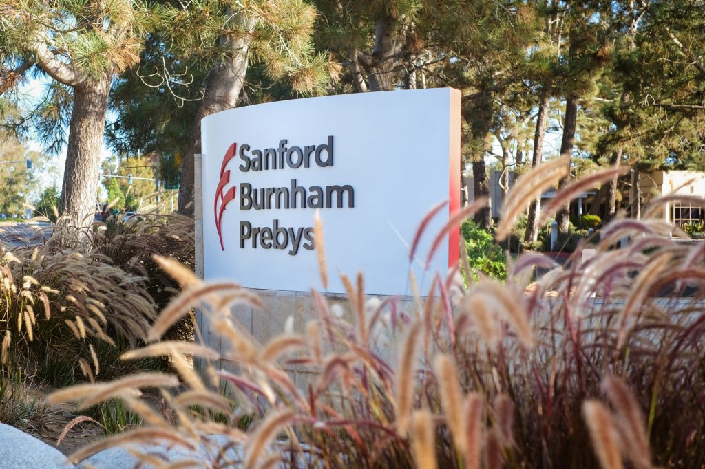sign that reads 'sanford burnham prebys' placed outside of the building in La Jolla