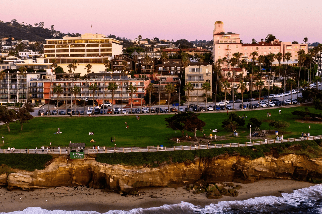 drone view of ellen browning scripps park at sunset