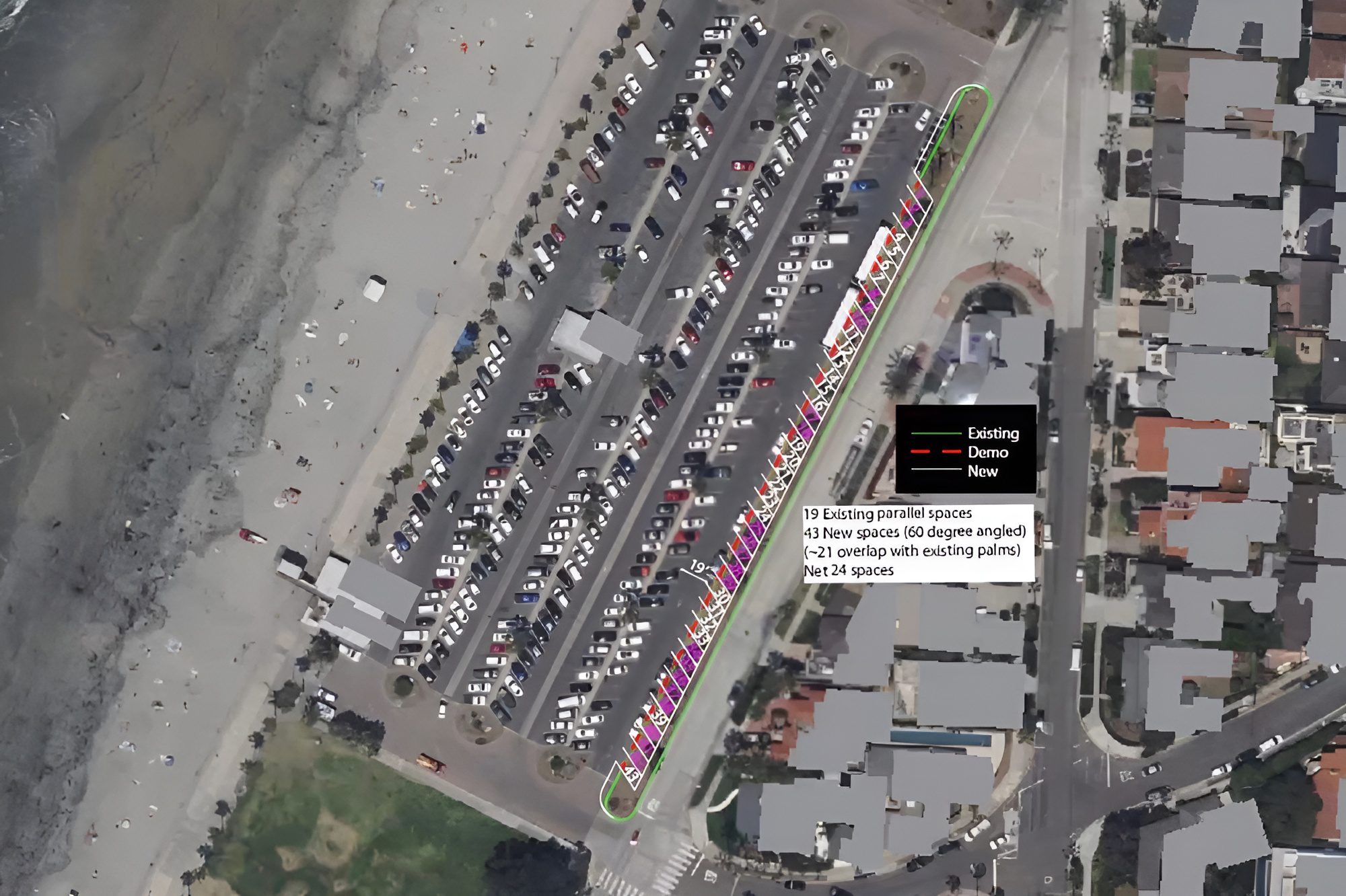 aerial map of La Jolla shores parking lot and adjacent street where the new proposed parking for the La Jolla shores dining program could be
