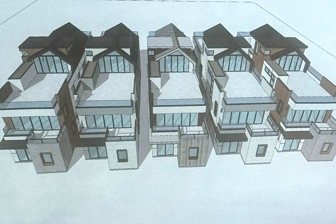 rendering of the gravilla street development. 5 thin but long buildings stand side by side with about 3 feet In between each.