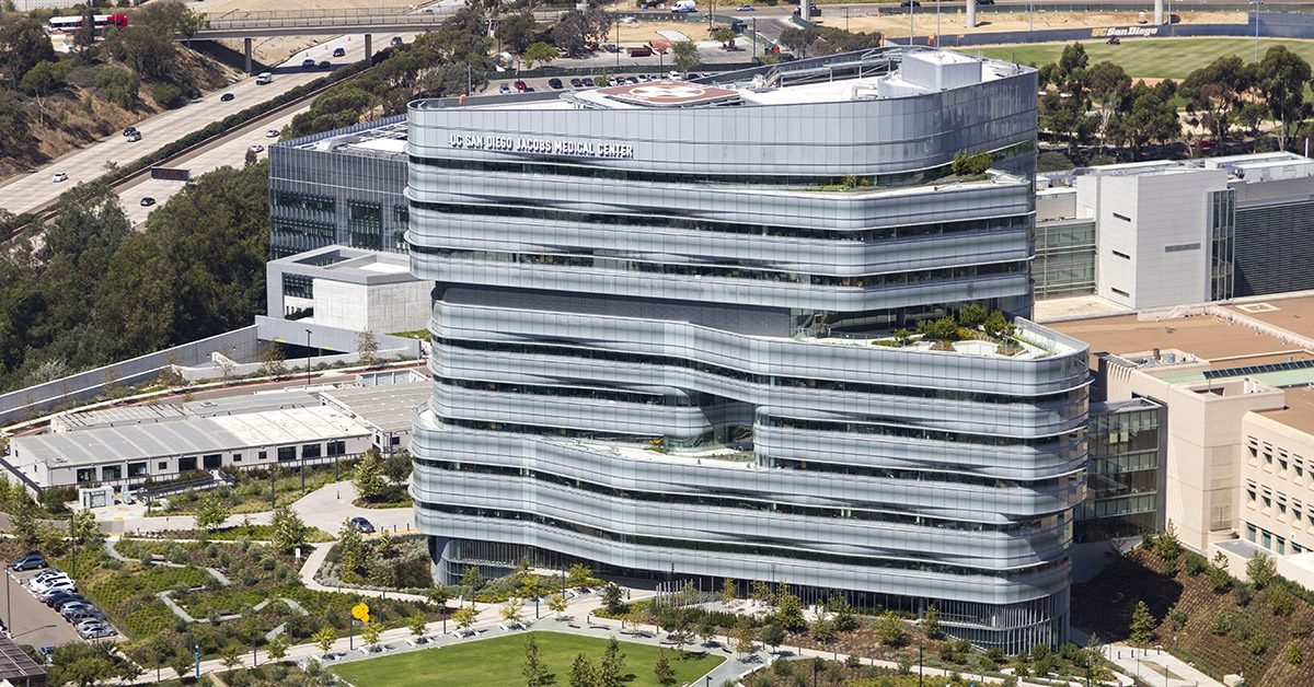 aerial view of the UCSD jacobs medical center building in la jolla