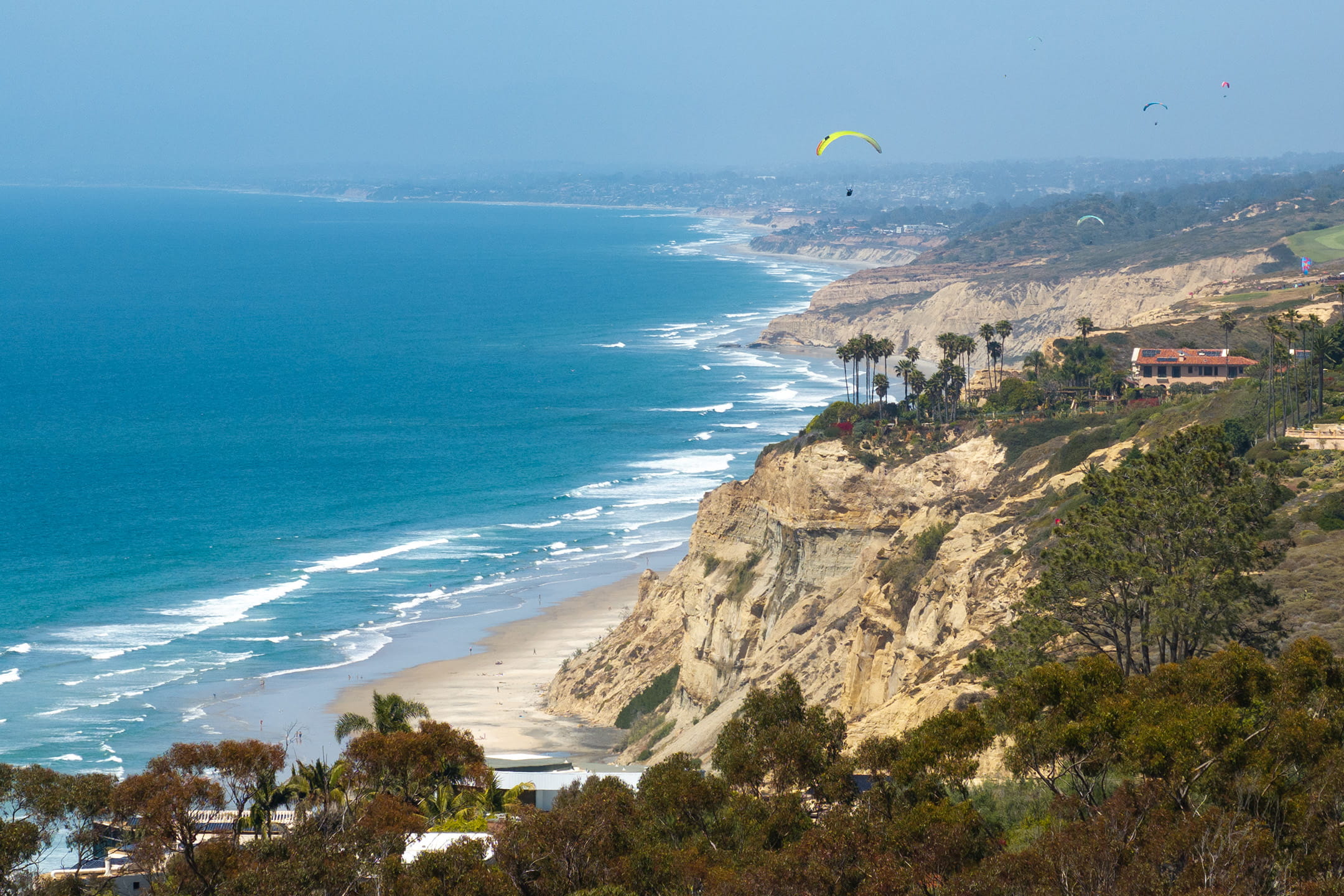 Paragliders soaring over the sandstone cliffs and coastline of Torrey Pines, one of La Jolla's most scenic natural landmarks to explore on Earth Day in La Jolla.