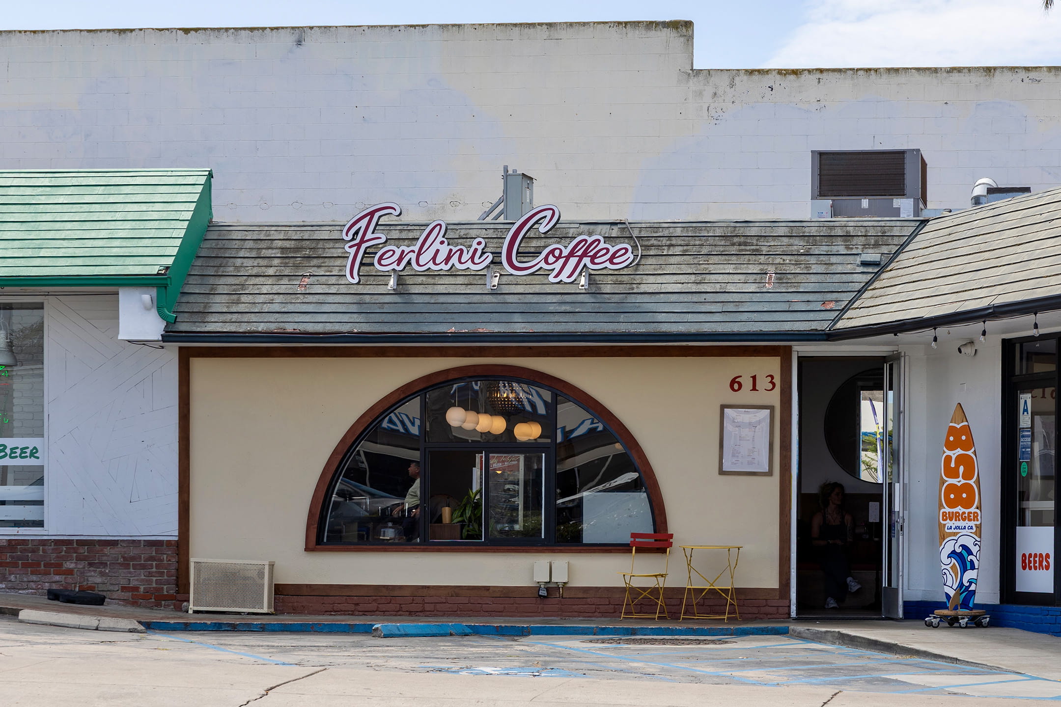 Exterior of Ferlini Coffee in La Jolla at 613 Pearl St., a new café on Pearl Street serving espresso drinks, Turkish coffee, and pastries.